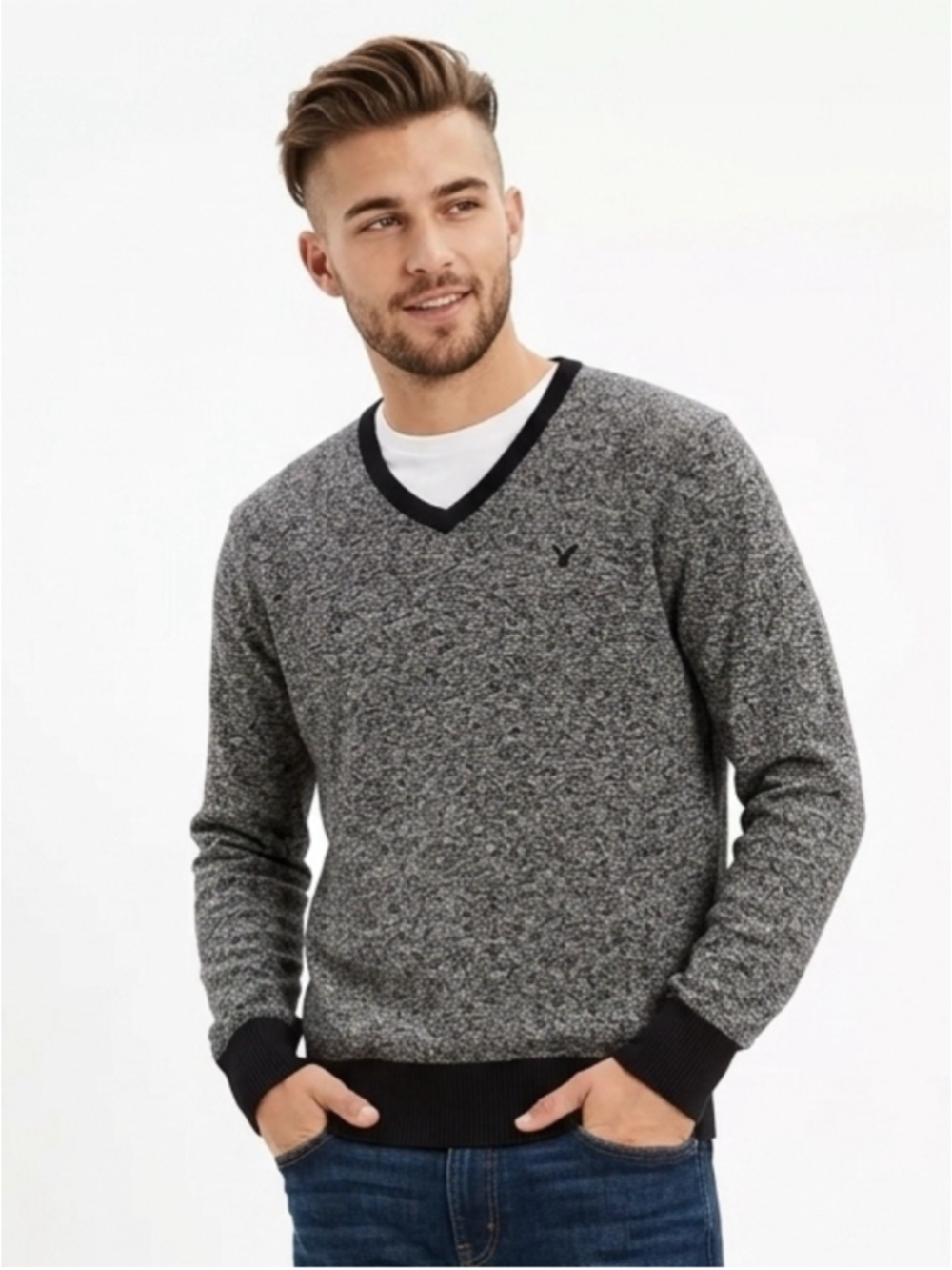 Men's American Eagle Outfitters Navy Blue Marled V-Neck Knit Cotton Sweater M